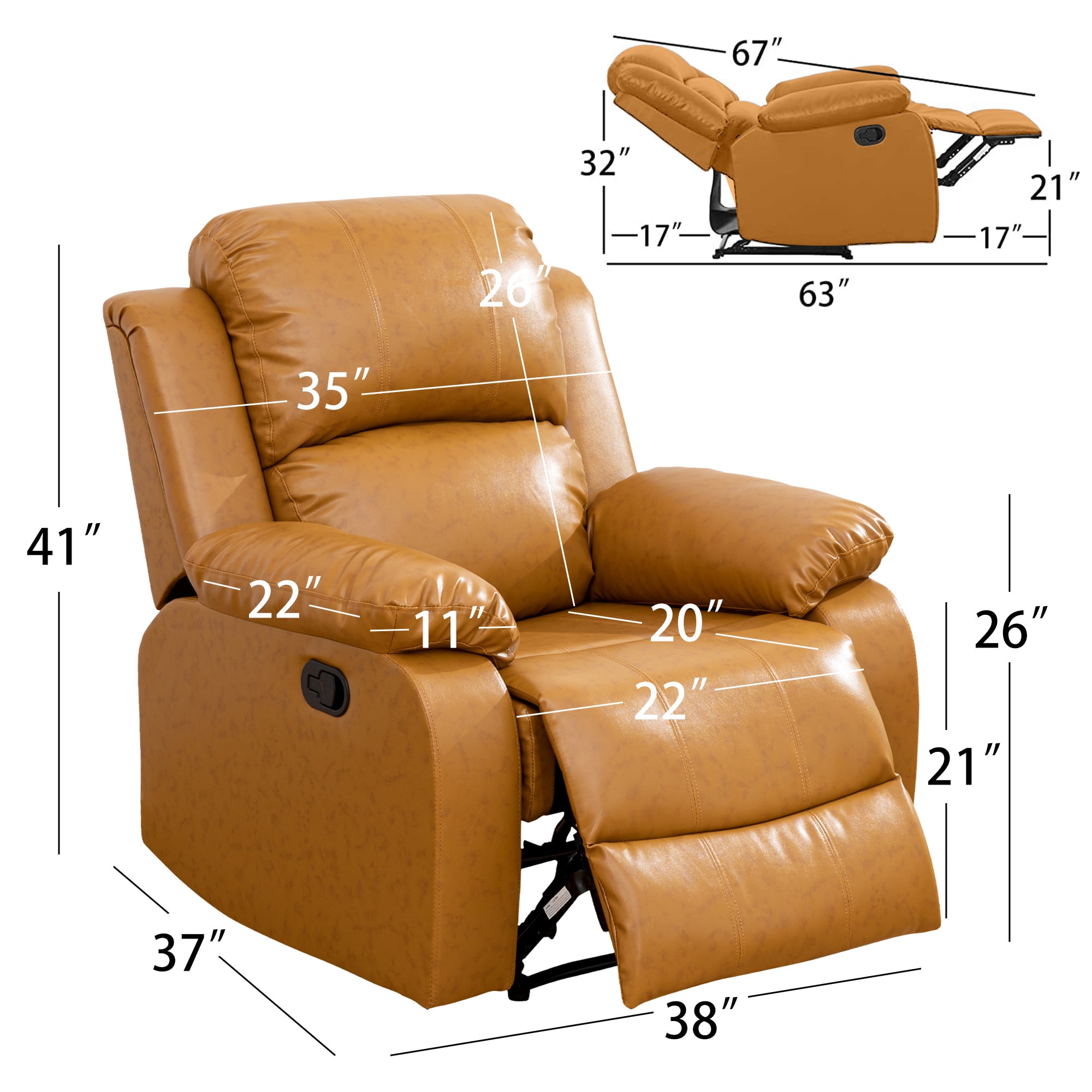 Aukfa Leather Recliner Chair, 38" Overstuffed Armchair Living Room Read Chair for Adults, Ginger