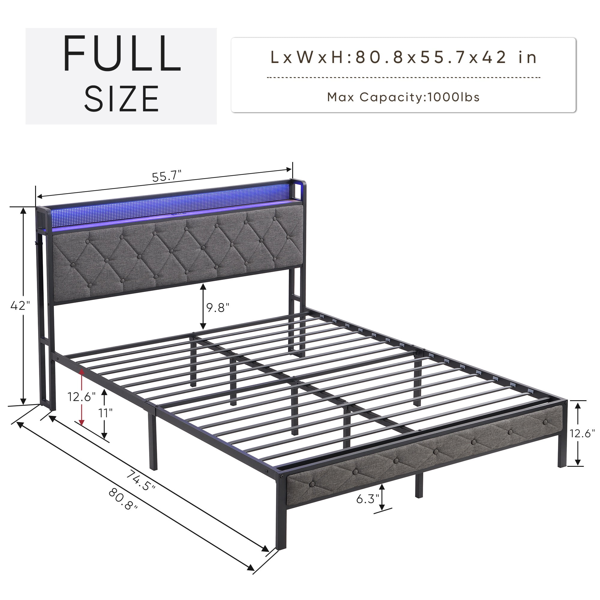 Full Bed Frame with Headboard,Led Lights,Charging Station,Upholstered Platform Bed,Solid and Stable, Noise Free, No Box Spring Needed, Easy Assembly