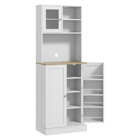 SAZYY 67" Freestanding Pantry, Kitchen Hutch with Glass Doors & Adjustable Shelves, Microwave Cabinet for Dining, White