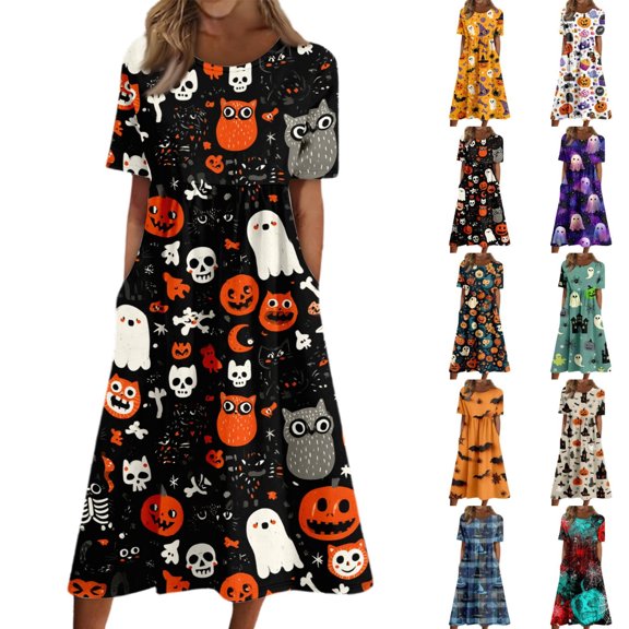Women's Halloween Print Round Neck Casual Dress with Pockets Short Sleeve Loose Midi Dress Plus Size for Autumn Daily Wear Black L