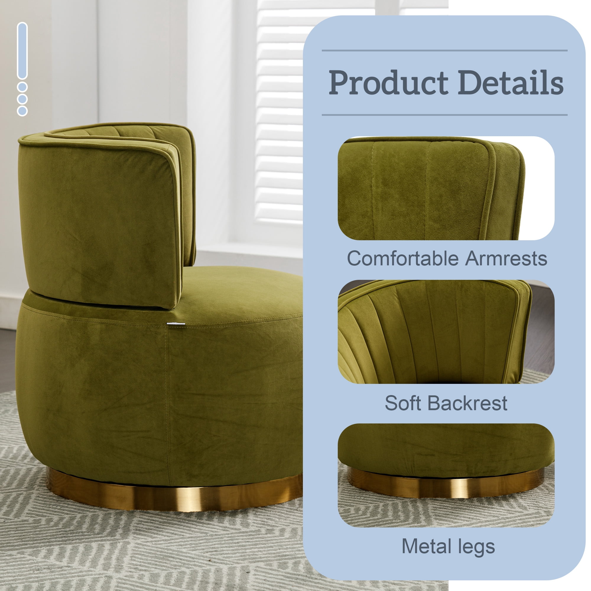 MOONMISS Velvet Upholstered 360 Degree Swivel Armless Round Barrel Chairs for Living Room-Olive Green