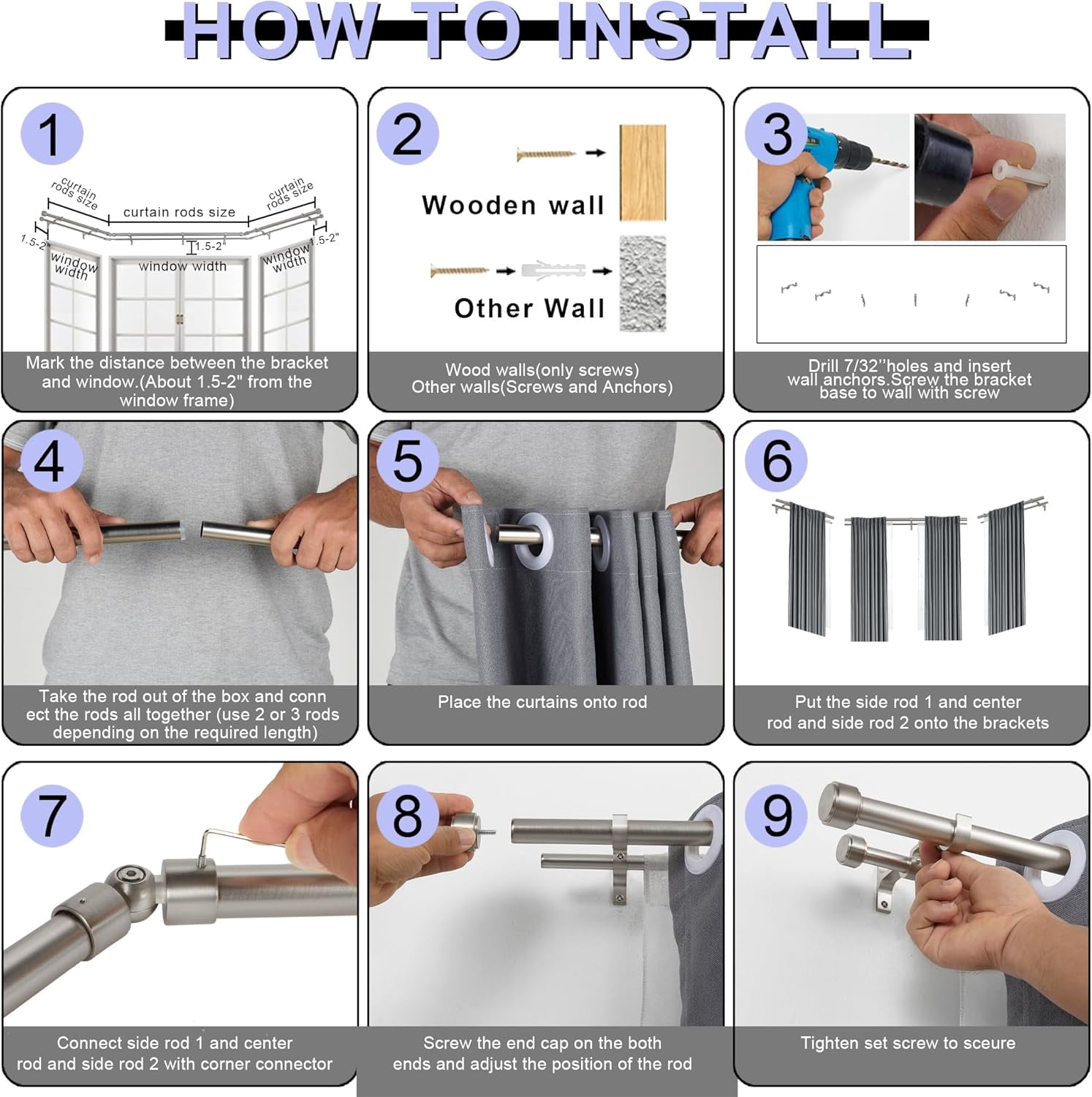 Brushed Nickel Double Corner Window Curtain Rods with Aluminum End Cap Finials and Brackets,1 Inch Diameter Dual Bay Window Curtain Rods, Adjustable 2 Sided 20-36" and 36-72" Center Rod