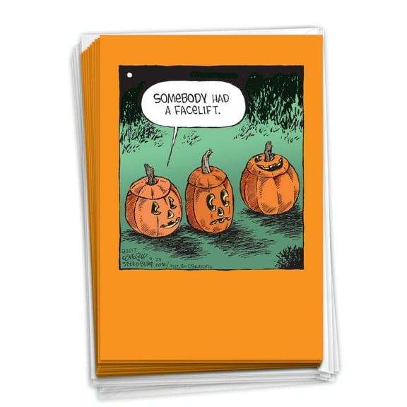 NobleWorks, Pumpkin Facelift - 12 Funny Halloween Cards Boxed - Bulk Set, C6235HWG-B12x1