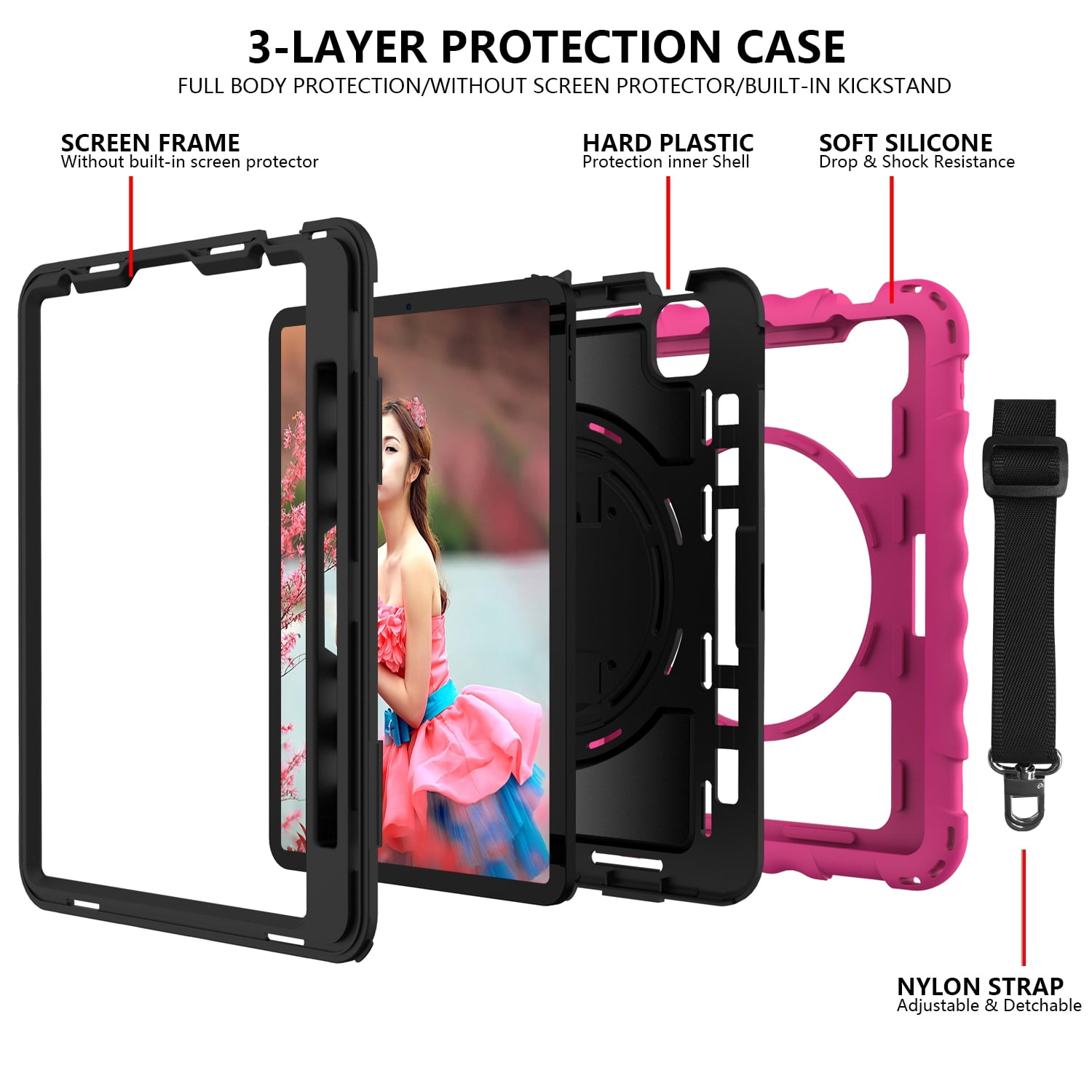 Allytech iPad Air 5 4 10.9 Case 2022/2020, Heavy Duty Shockproof Kids Case with Pencil Holder Hand Strap Kickstand Shoulder Strap for Apple iPad Air 5th 4th Generation 10.9 Inch -Rose