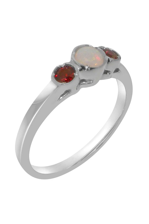 LBG British Made 9k White Gold Natural Opal & Garnet Womens Promise Ring - 33 size options - Size 9.5