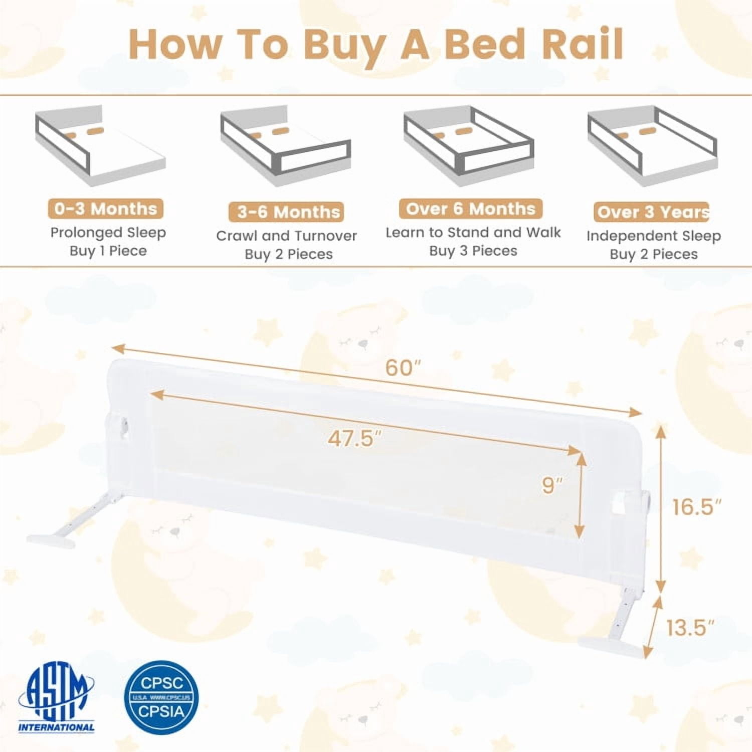 Spaco 60-Inch Foldable Bed Rail Swing Down Baby Bed Guard Rail with Adjustable Safety Strap-White, Bed Rail for Queen, King, Twin, and Bunk Size Beds