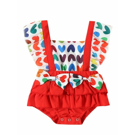 

Meihuida Baby Girls Valentine s Day Romper Heart Print Square Neck Ruffles Fly Sleeve Bow Jumpsuits Bodysuits