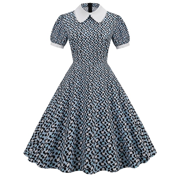 ICHUANYI Clearance Women Printing Short Sleeve Puff Sleeves Lace Zipper Dress A-Line Skirt(Blue, XXL) ICHUANYI WER2023081106619