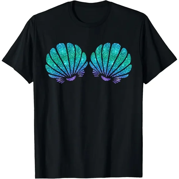 Glitter Mermaid Seashell Graphic Women Short Sleeve Casual T-Shirt