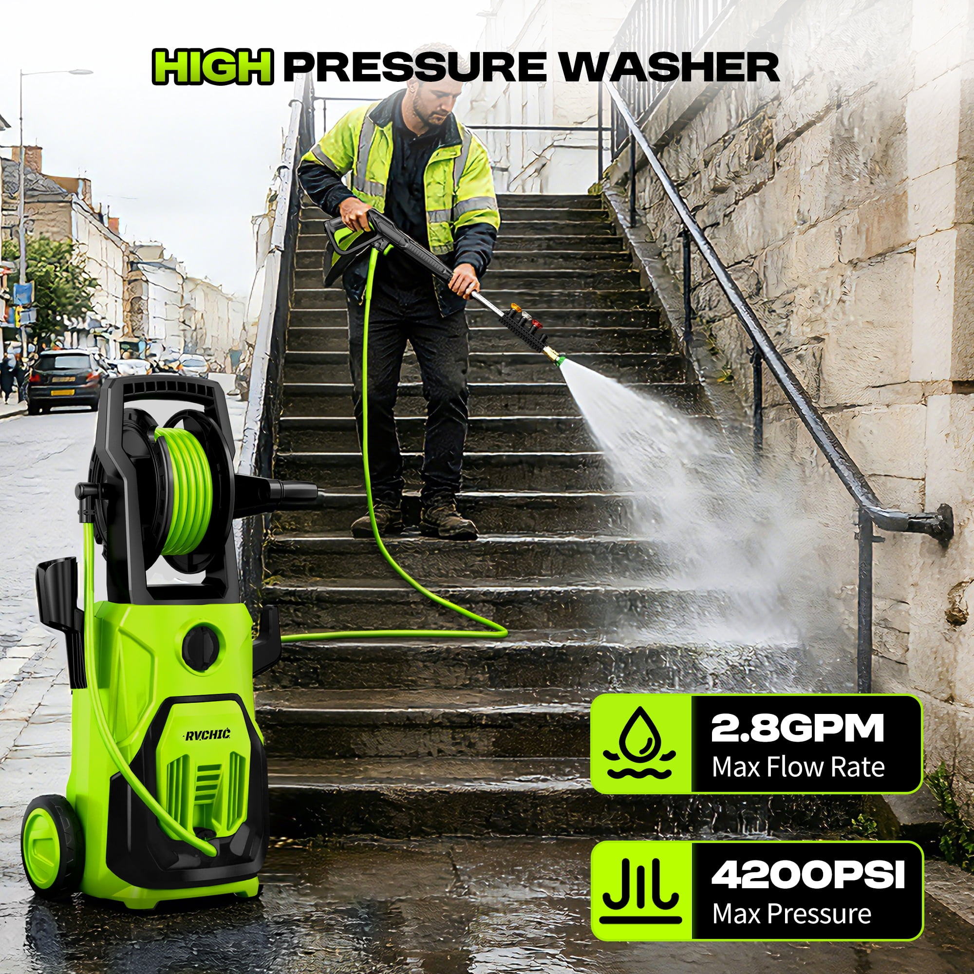 4200 PSI Electric Pressure Washer with Hose Reel,4  Nozzles,for Clean Patios,Cars,Fences,Driveways,Green