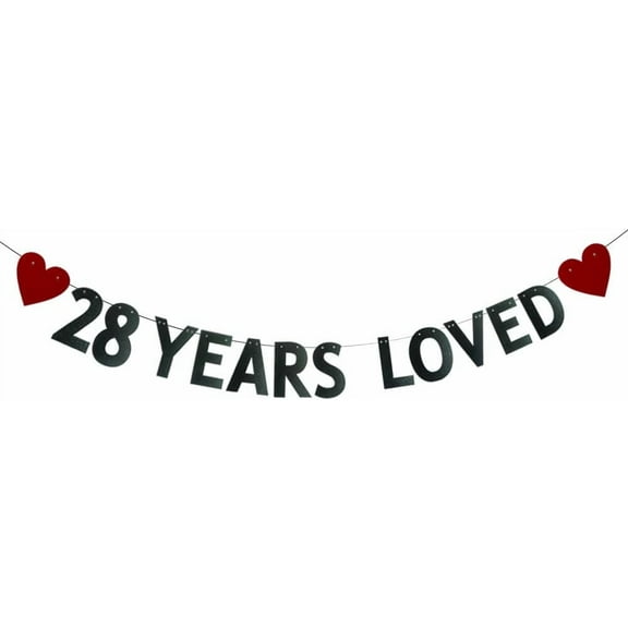 28 Years Loved Banner，28th Birthday/Wedding Anniversary Party Decorations Supplies，Black Glitter Paper Garlands Backdrops, Letters Black