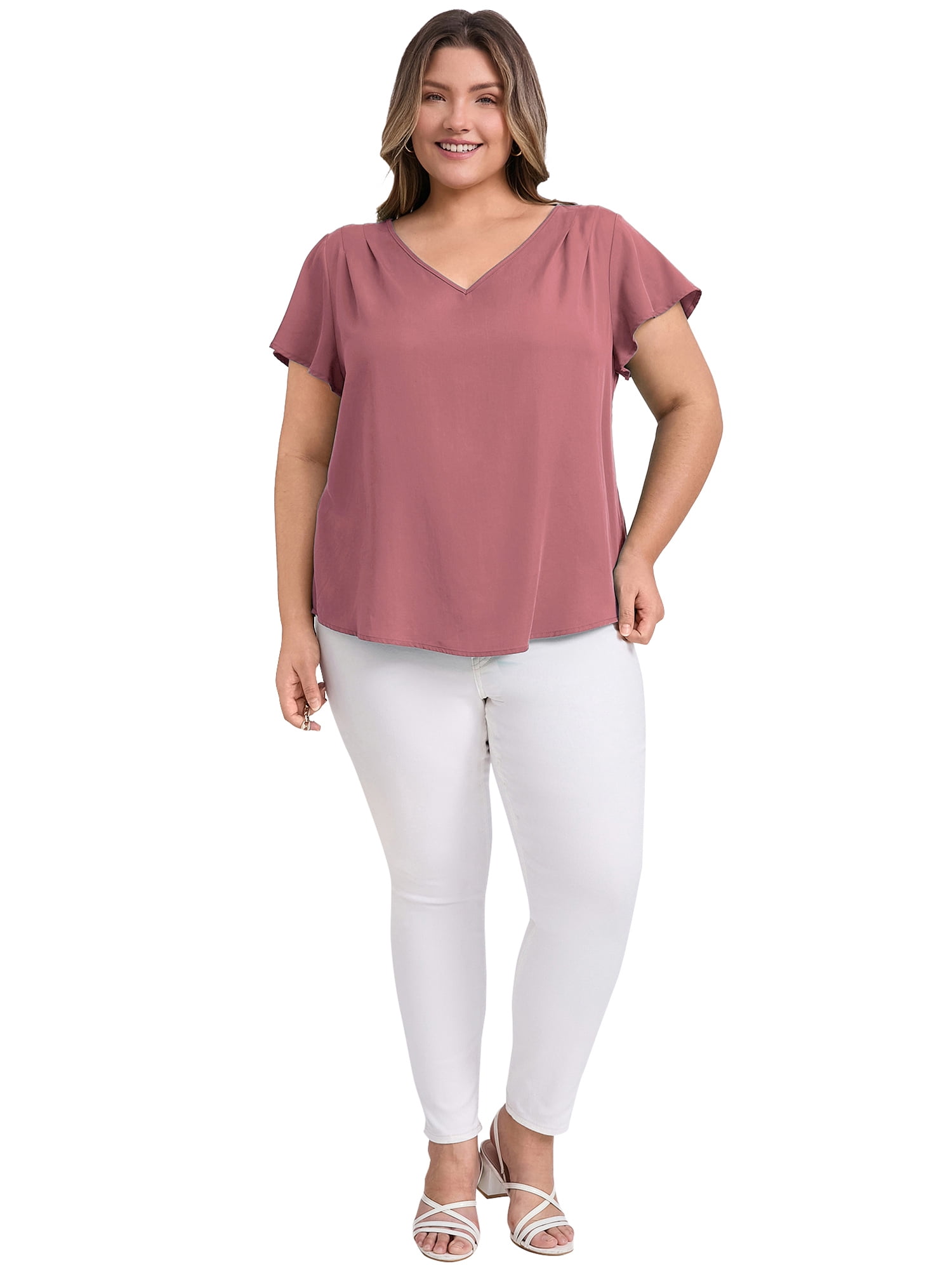 DARING DIVA Women's Plus V Neck Ruffle Sleeve Blouse 3X Dark Pink