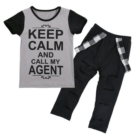 

Fanvereka 2Pcs Girls Summer Clothes Short Sleeve T-shirt Ripped Hole Pants