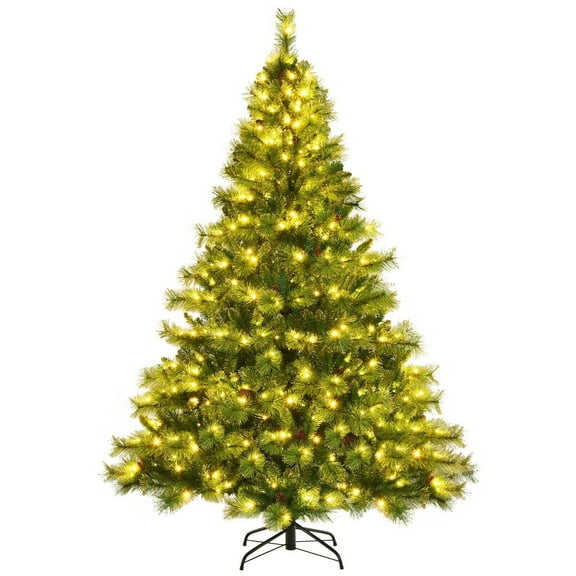 7ft Pre-lit Hinged Christmas Tree w/ 1233 Glitter Tips & Pine Cones