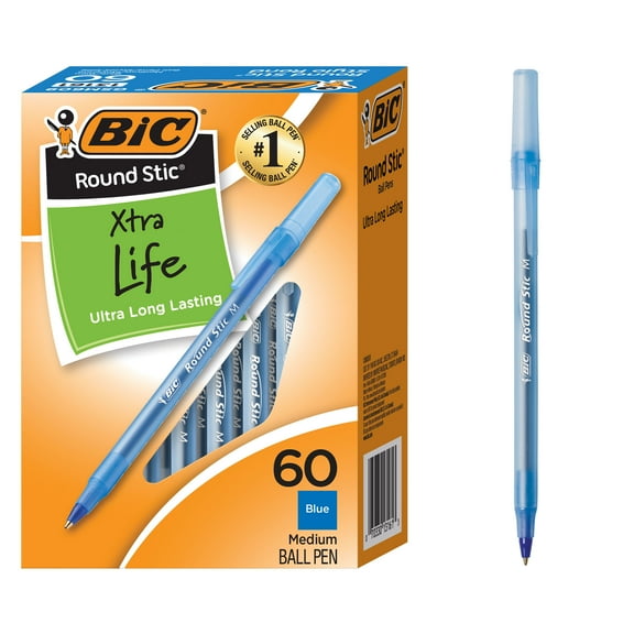 BIC Round Stic Xtra Life Ballpoint Pens, Medium Point, Blue Ink, 60 Count