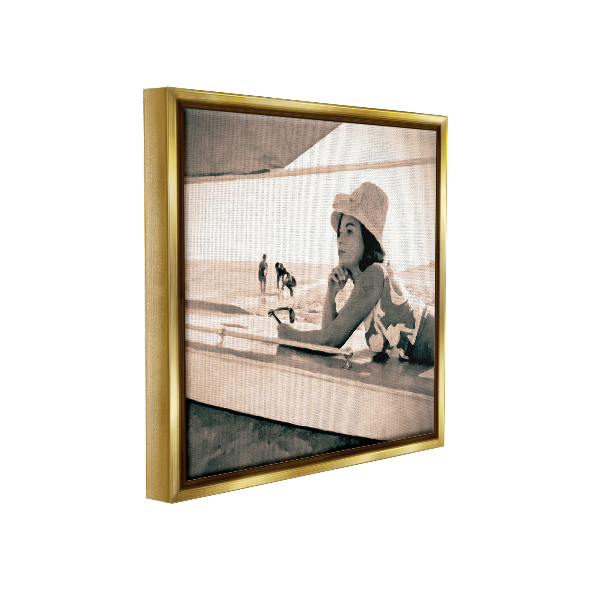 Stupell Industries Vintage Woman Sunbathing Landscape Painting Gold Floater Framed Canvas Art Print Wall Art, 18 x 18