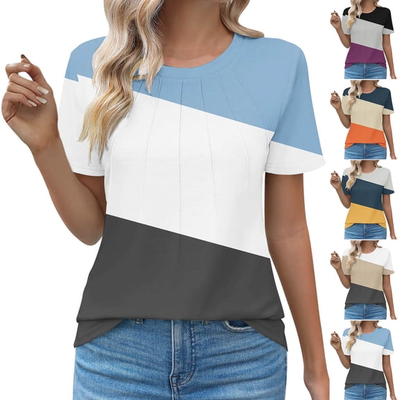 YHAJDS Women Tops Short Sleeve Round Neck Color Print Pullover Blouse with Ruffle Detail Casual Summer Tee