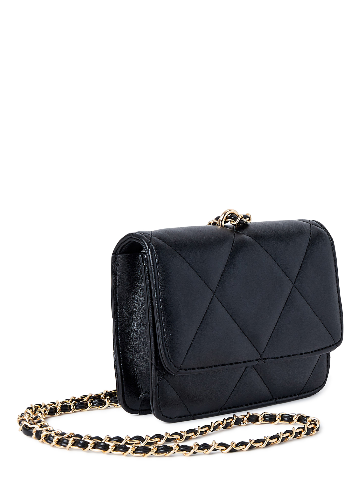 Jane & Berry Women's Small Quilted Faux Leather Crossbody with Faux Leather  Chain Strap, Black