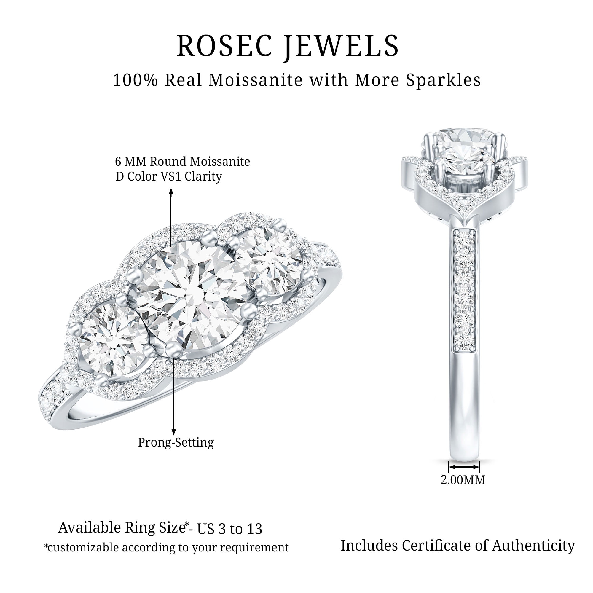 Rosec Jewels Certified Moissanite 3 Stone Engagement Ring for Women - D-VS1 Quality - Statement Ring - with Jewelry Box, 925 Sterling Silver, US 4.00