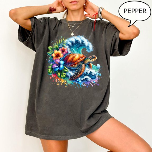 Sam Soft Retro Turtle Shirt, Floral Turtle T-Shirt, Sea Turtle Shirt, Summer Shirt, Beach Shirt, Ocean Shirt, Gift For Woman All Size S-5XL