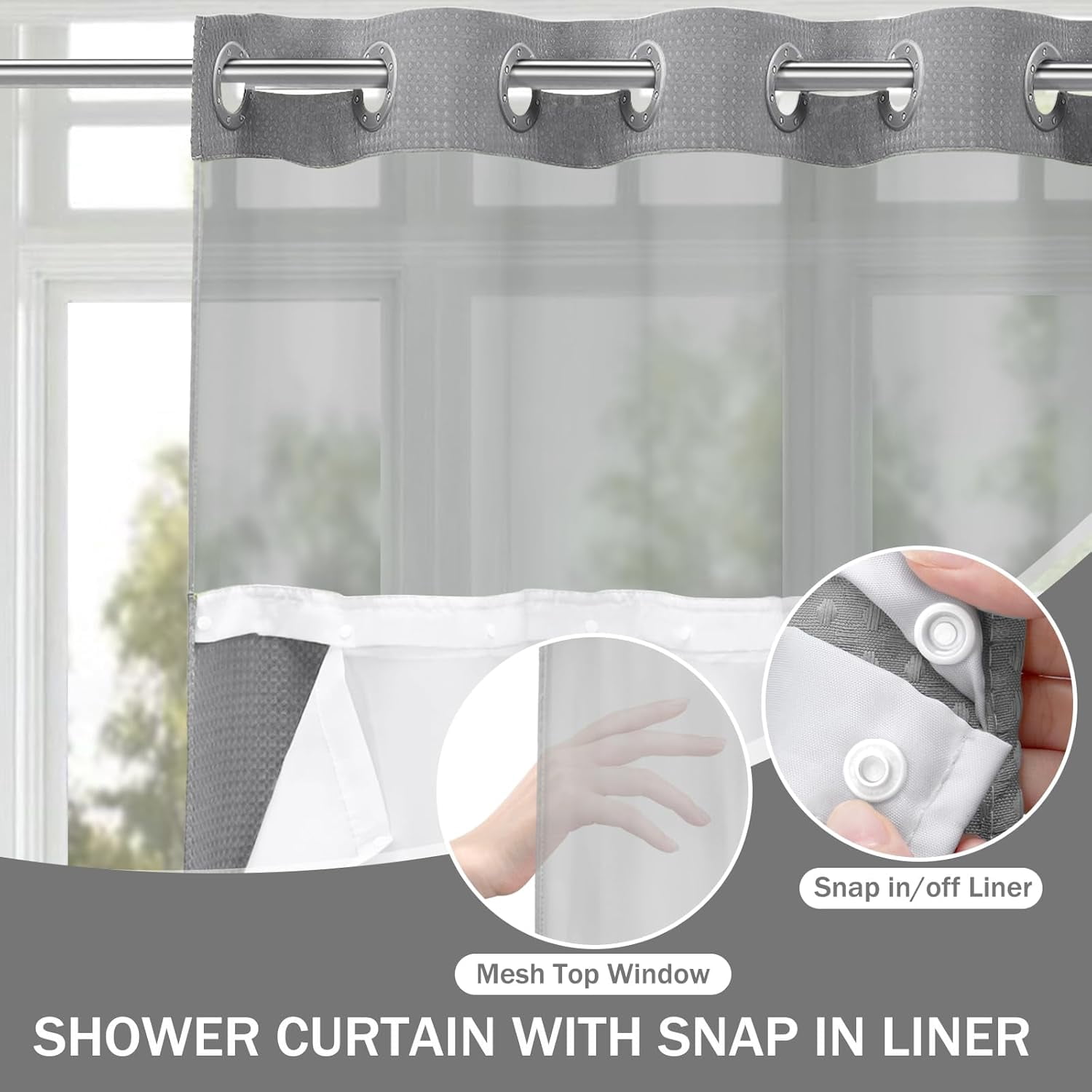 Psoiuetr Gray Waffle Shower Curtain No Hook with Snap-in Fabric Liner Hotel Shower Curtain with See Through Top Window 72" W x 75" L