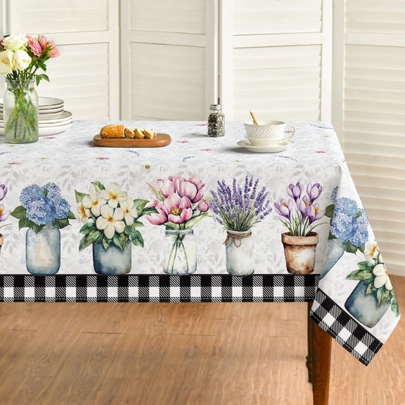Spring Summer Tablecloth 60x120 Inch, Easter Watercolor Tulip Lavender Hydrangea Vase Blooming Floral Table Cover for Party Picnic Dinner Decor
