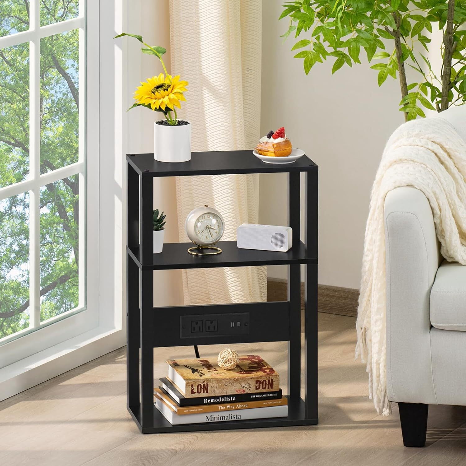 Joaxswe End Table w/ Charging Station Set of 2, Narrow Side Table for Living Room, Black