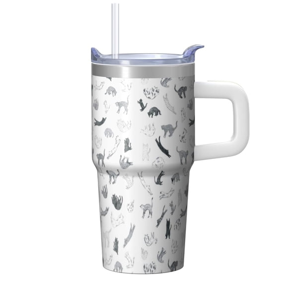20oz Stainless Steel Cat Print Tumbler with Handle and Straw Travel Coffee Mug Ideal Birthday Christmas Gift for Cat Lovers Women Cup Holder Friendly Easy to Clean Daily Hydration