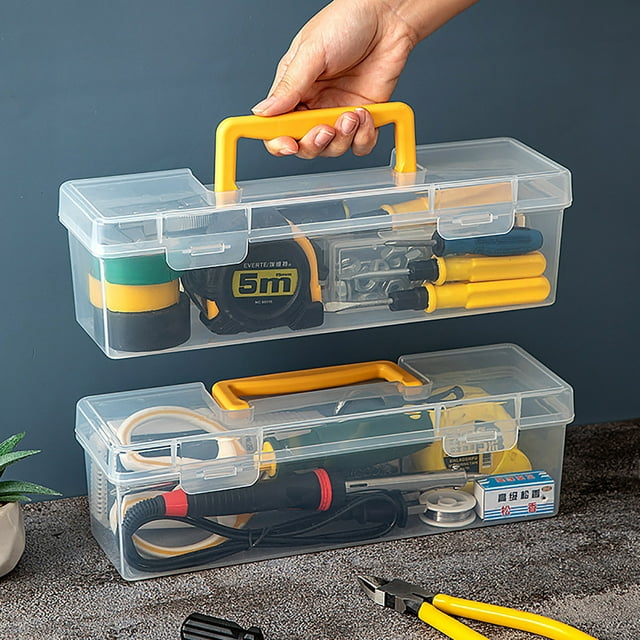 Caja de herramientas de plástico transparente | Organizador portátil largo para tornillos y accesorios | Tapa con cierre seguro | Fácil de limpiar | Compacta | Uso múltiple | Hogar, viaje, artistas