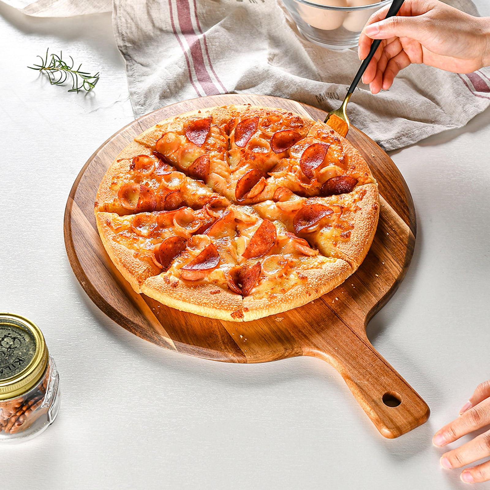 Bxaolu Wood Cutting Board with Handle 12" Wooden Chopping Board Round Cutting Board for Kitchen Decor Large Charcuterie Board Tray Meat Cheese Board Bread Serving Platter Butcher Block Pizza Board