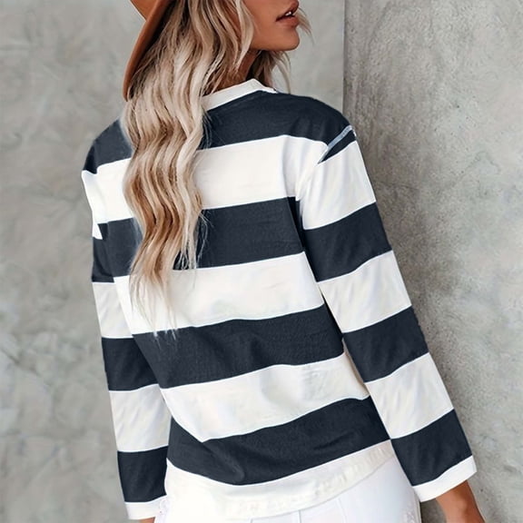 Women T Shirt Striped Print Long Sleeve Crew Neck T Shirt Basic Tees for Women Black L