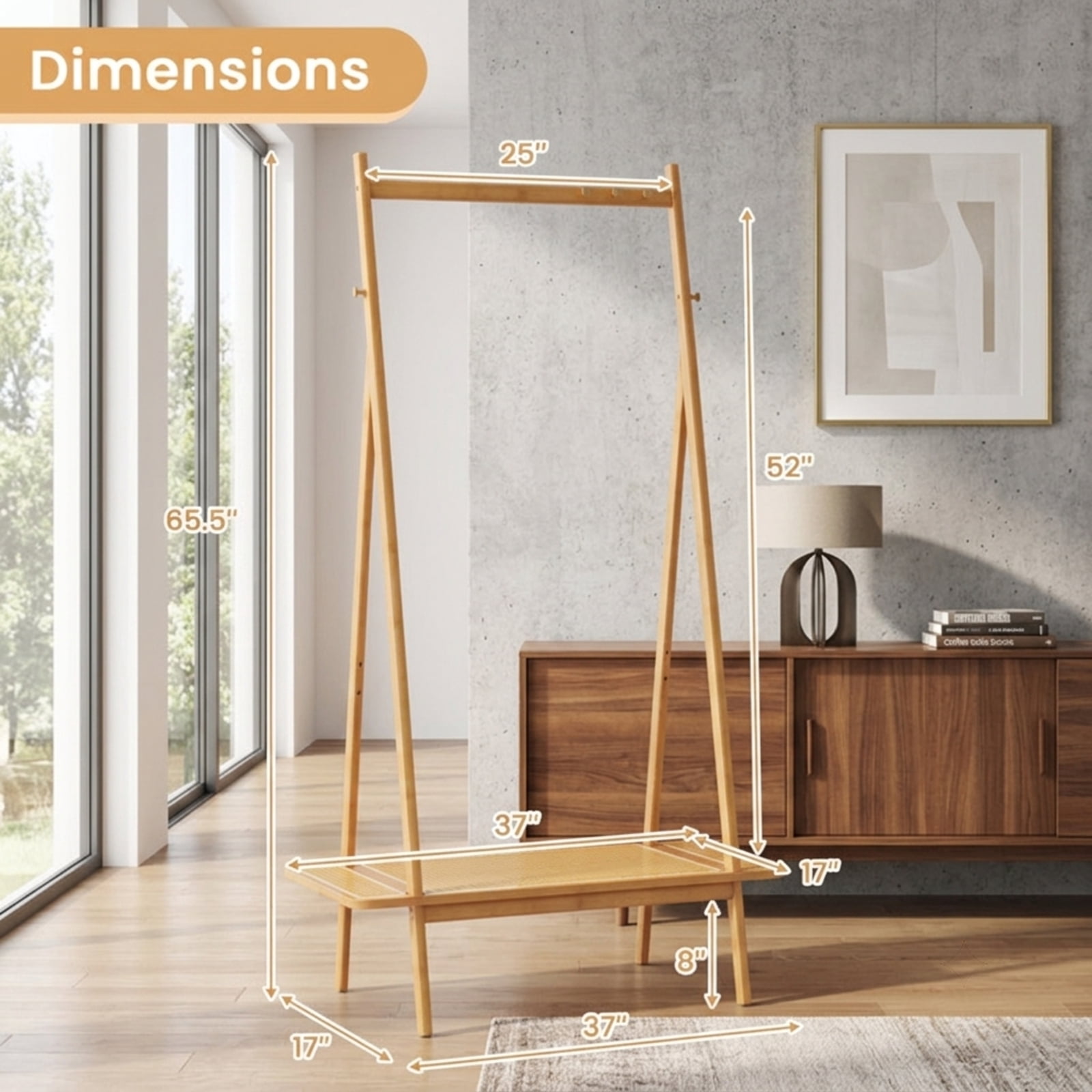 Furnibear Bamboo Clothes Rack with Hanging Rod Rattan Shelf and 5 Copper Hooks Freestanding Garment Rack for Bedroom and Entryway, Natural