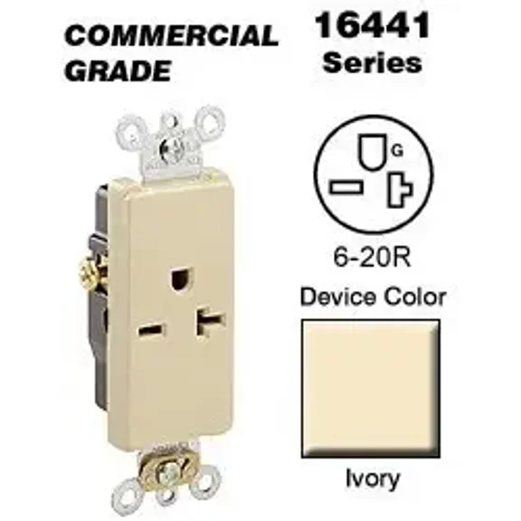 Leviton 16441-W Decora Single Receptacle Commercial Grade 6-20R 20A 250V Side Wired - White
