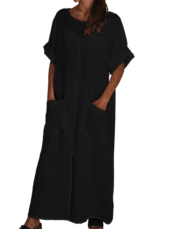 VONDA Womens Short Sleeve Crew Neck Cotton Linen Dresses Loose Vintage