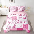 thumbnail image 2 of Homewish Girly Pink Butterfly Twin Bedding Sets 7-Piece for Kids, Chic Princess Blossoms Bedding Comforter Set, Cartoon Square Patchwork Reversible Sheet Sets, Ultra Soft Bedroom Decor, 2 of 7