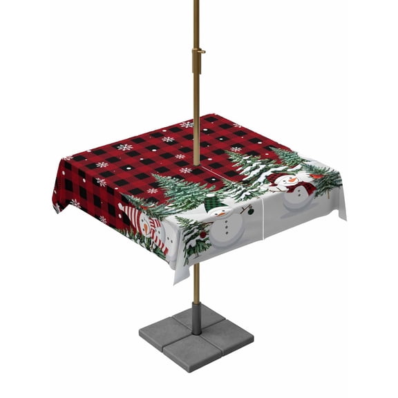 Outdoor Tablecloth with Umbrella Hole and Zipper, Red Black Plaid Christmas Square Table Cloth 60x60 Inch Waterproof Tablecloth, Xmas Tree Snowman Snowflakes Picnic Table Cover for Patio Camping