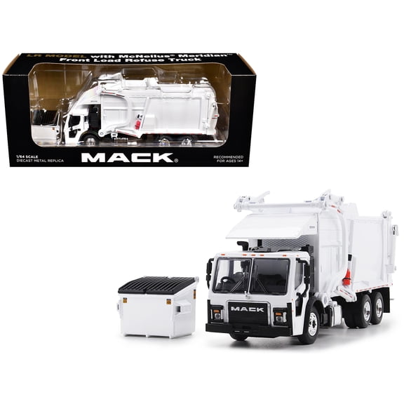 Mack LR Refuse Garbage Truck with McNeilus Meridian Front Loader White with Trash Bin 1/64 Diecast Model by DCP/First Gear