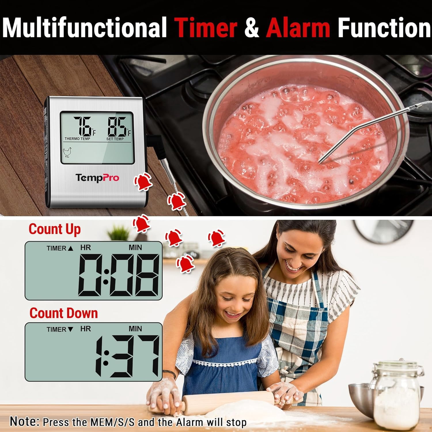 TP16 Large LCD Digital Cooking Food Meat Thermometer for Smoker Oven Kitchen BBQ Grill Thermometer Clock Timer with Stainless Steel Temperature Probe(Previously ThermoPro)