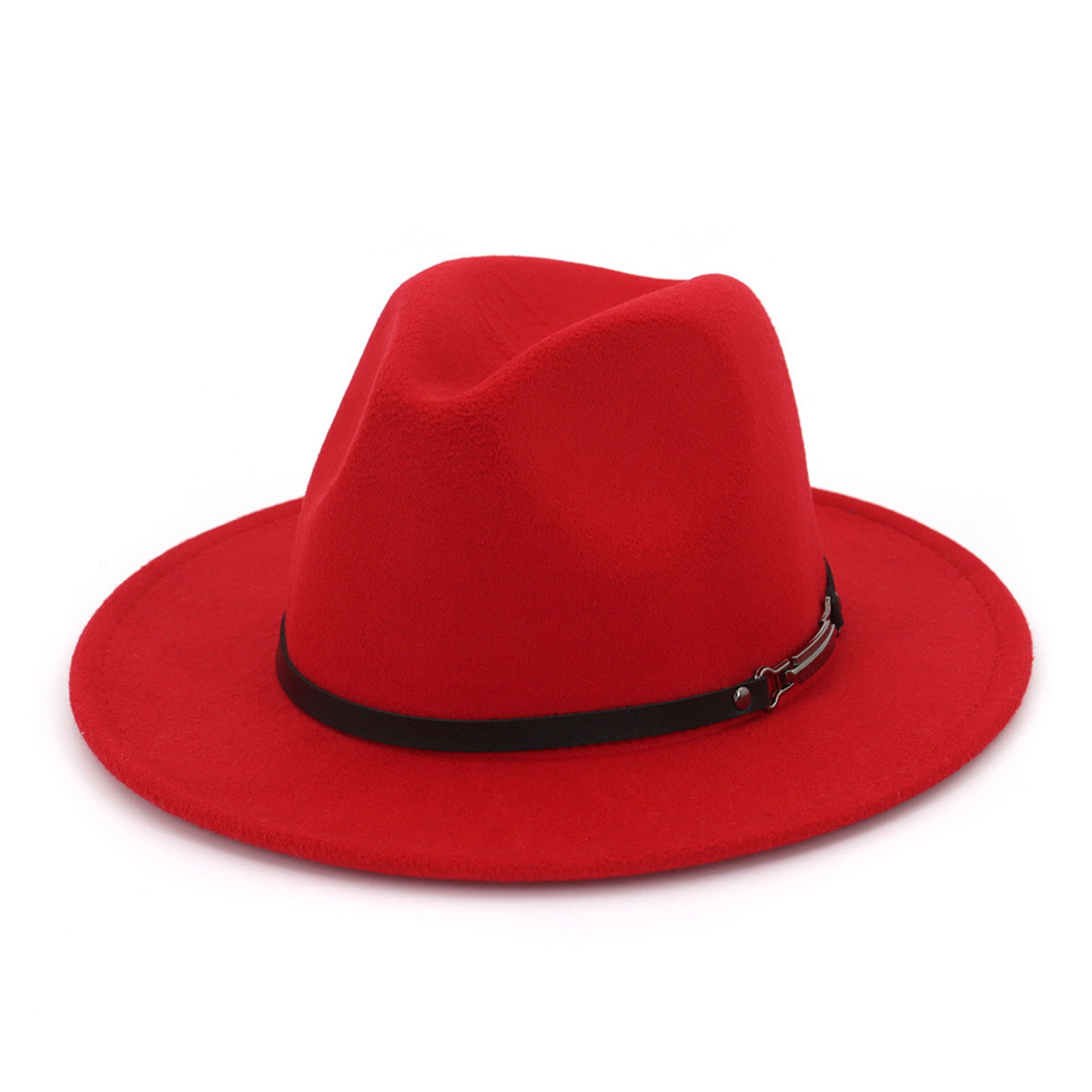 Unisex Wide Brim Wool Belt Felt Flat Top Fedora Hat Party Church Trilby Hats Cap