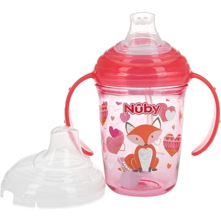 Nuby No Spill Tritan 2 Handle 360 Weighted Straw Glitter Print - Spout Cup, 8oz/ 240 Ml /4 Months +, Pink Fox