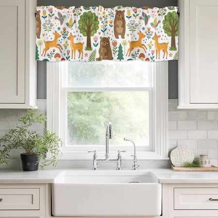 Valances for Windows Cartoon Green Forest Kitchen Curtain Valance Short Rod Pocket Panels Cute Brown Bear Deer Small Window Treatment for Living Room Bedroom Bathroom 42 Wx12 L