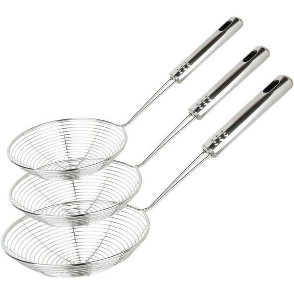 3 Pack Spider Strainers Asian Strainer Ladle Stainless Steel Wire Skimmer Spoon with Handle, for Kitchen Frying Food, Pasta, Spaghetti, Noodle - 12in, 13in, 14in