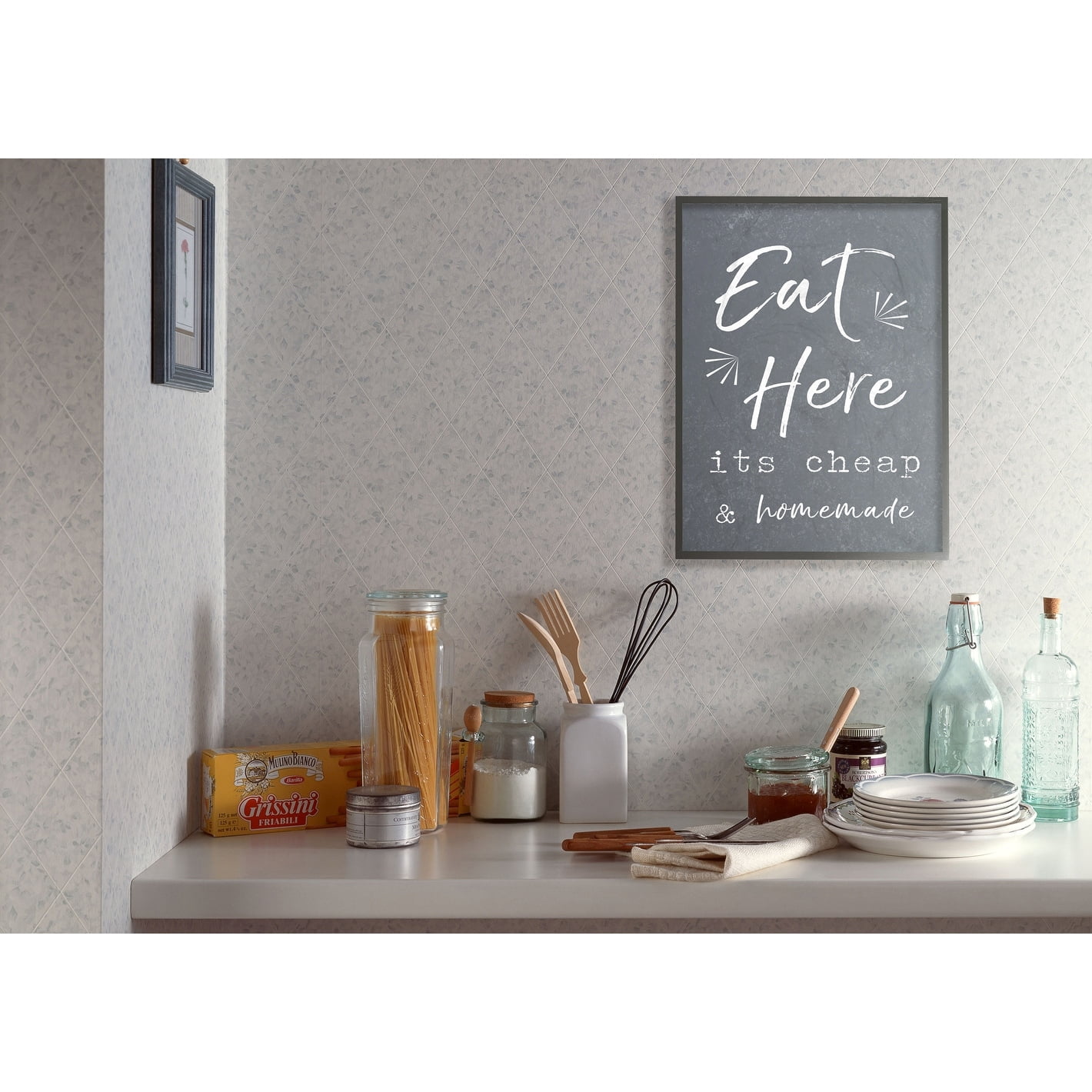 Stupell Industries Eat Here Home Cooking Navy Novelty Painting Gallery Wrapped Canvas Art Print Wall Art, 24 x 30