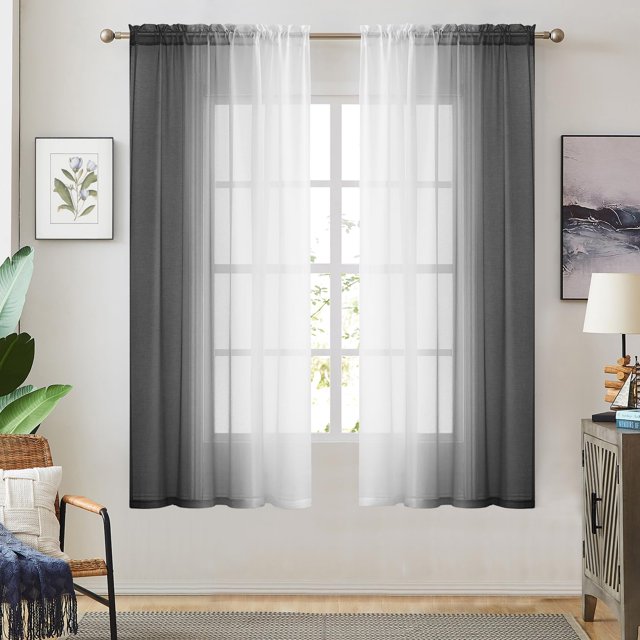 Cortinas Transparentes De Lino Sintético Degradado Negro Para Dormitorio, Sala De Estar, Bolsillo Para Barra, 2 Tonos, Reversibles, Gasa Degradada, Semiventana, Privacidad Y Filtrado De Luz, Juego De