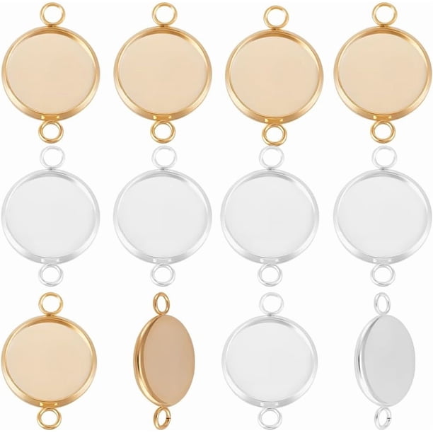 30 conectores de cabujón de 12 mm con engastes de oro de 24 quilates y plata de ley chapados en acero inoxidable, planos, redondos, con bisel en blanco, bandejas colgantes con doble bucle
