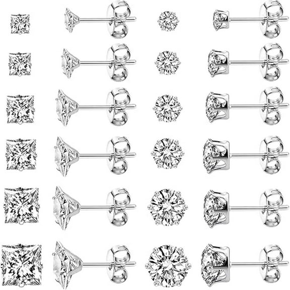 ZYHH Stainless Steel Stud Earrings for Women Men, Hypoallergenic Cubic Zirconia Earrings Set, Silver Tone Multipack Ear Studs Jewelry Gift