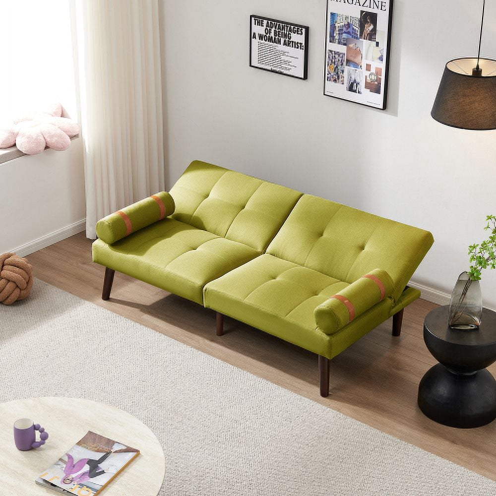Leumius Modern Futon Sofa Bed, Convertible Folding Recliner Couch with Solid Wood Legs, Green