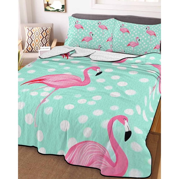 Green Flamingo King Size Down Alternative Comforter, Lightweight Comforter Quilt Bedding Set with Pillow Shams Polka Dot Modern Art All Seasons Bed Comforter Duvet Insert 96"x106"