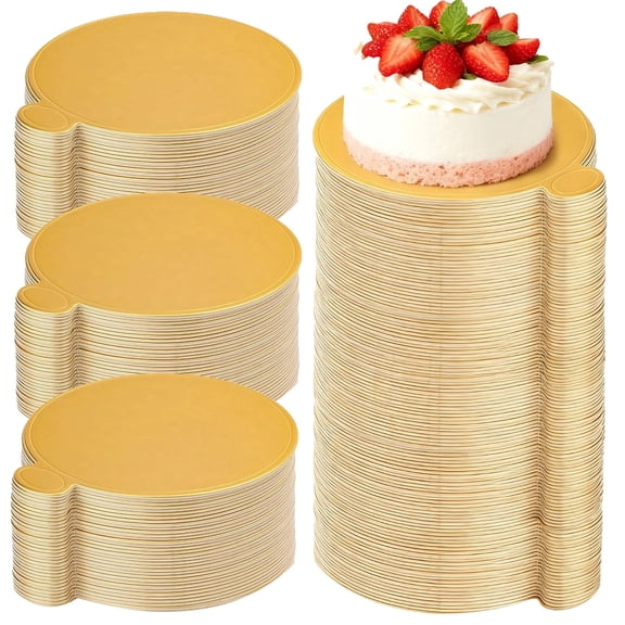 Disposable Gold Cake Boards 3.5 Inch with Handle, 300 Pack Mini Cake Circles Cardboard Dessert Bases for Wedding Parties, Round Mousse Cake Trays for Displaying