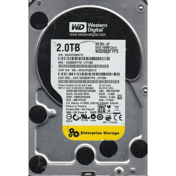 WD2003FYPS-27Y2B0, DCM HBRCHV2ABB, Western Digital 2TB SATA 3.5 Hard Drive